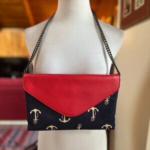 J. CREW Navy and Red Nautical Theme Fabric and Leather Purse